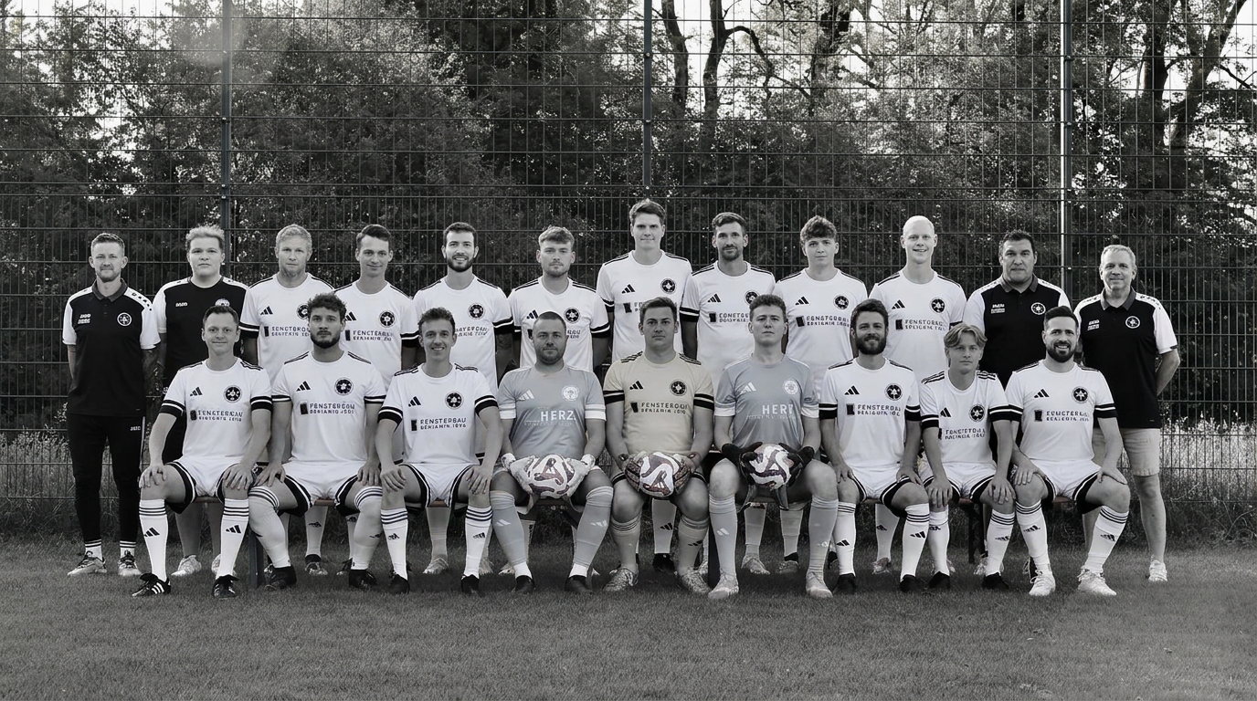Mannschaftsfoto der SG HAN 2025 in Schwarz-Weiß: Die Mannschaft steht und kniet in zwei Reihen vor dem Ballfangzaun des Sportplatzes, Trainer und Betreuer links und rechts daneben